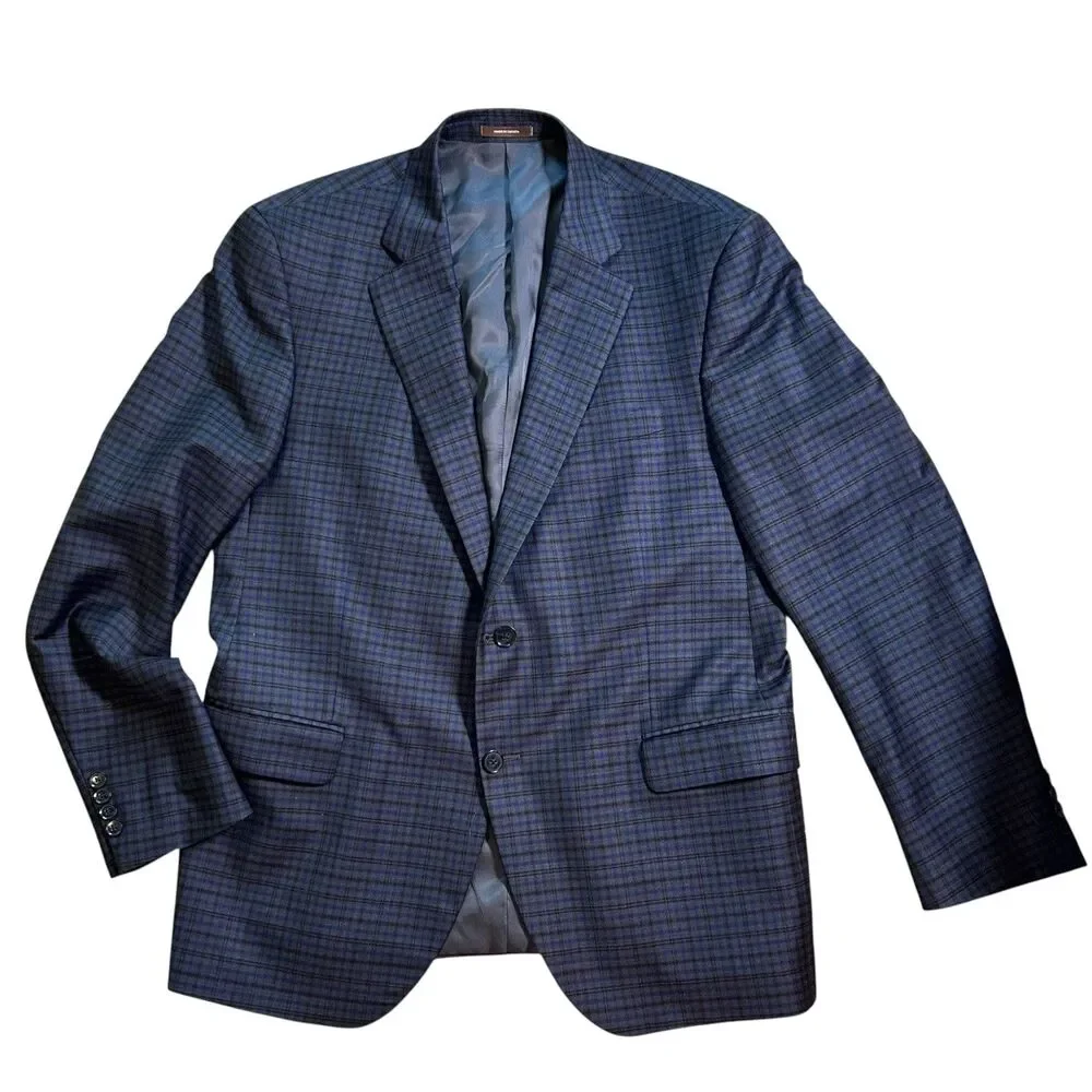 Peter Millar Men's Size 44R Navy Blue Windowpane Plaid Wool Blazer Suit Jacket